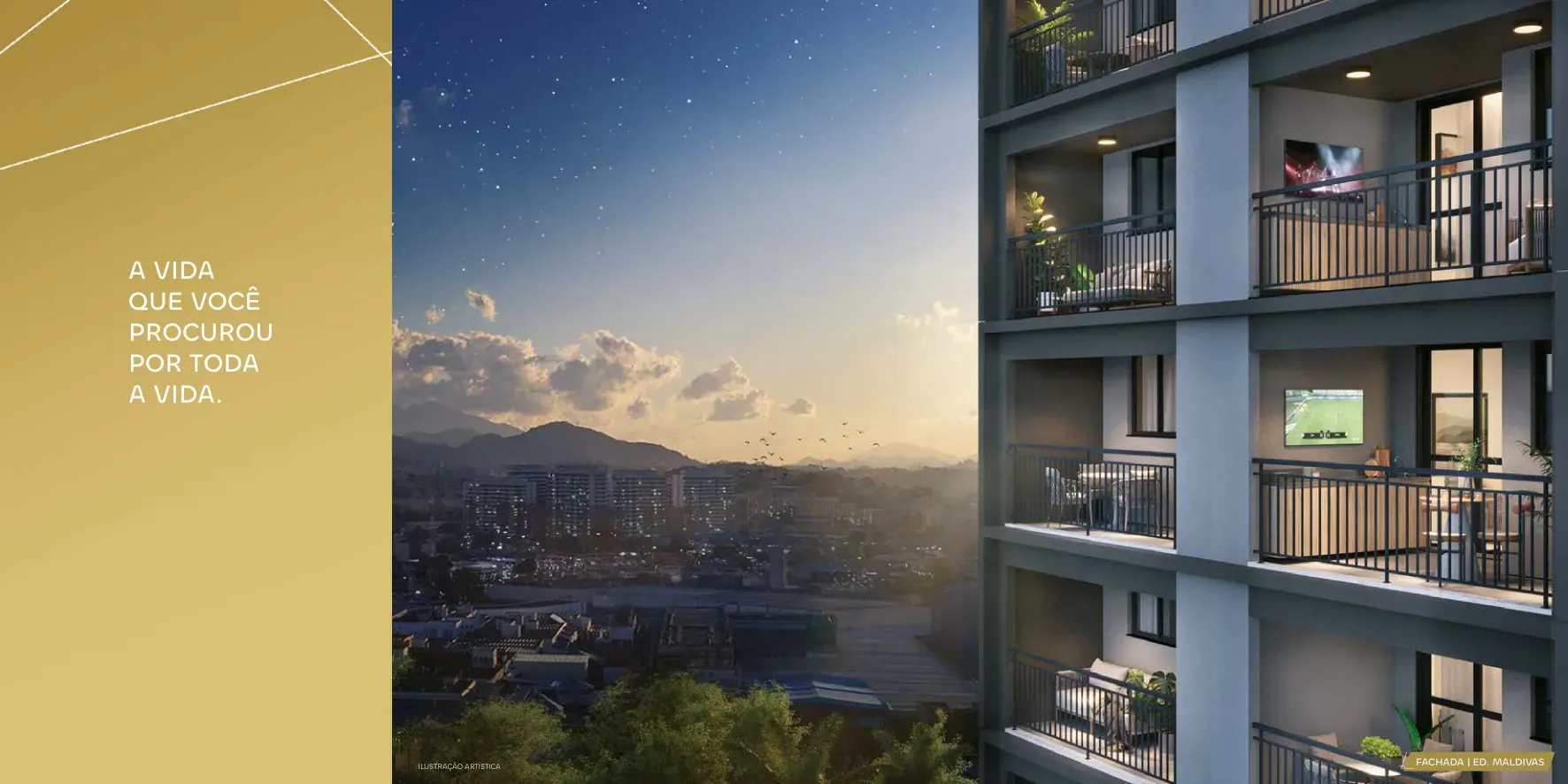 Fachada do edifício Maldivas do Only by Living, com varandas e vista para a Zona Norte do Rio