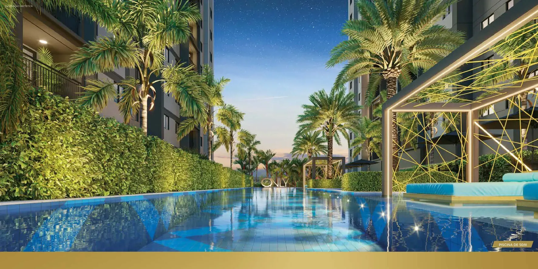Piscina de 50 m do Only by Living ao entardecer, com deck e pergolado